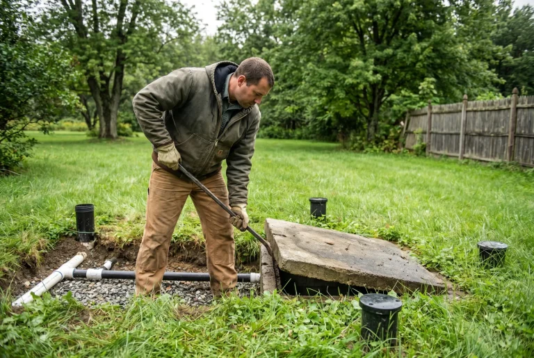 Home inspector lifting a concrete septic tank cover during a visual septic evaluation on a rural Western Massachusetts property