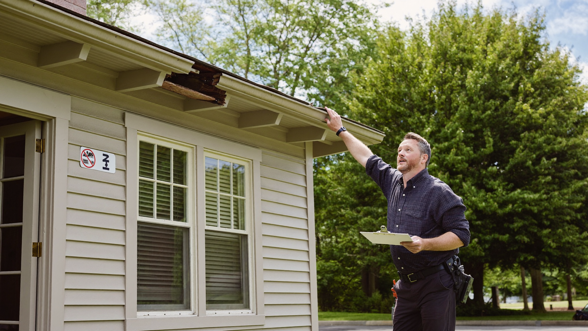 Home inspector examining the roofline and eaves of an older clapboard colonial home in the Pioneer Valley of Western Massachusetts
