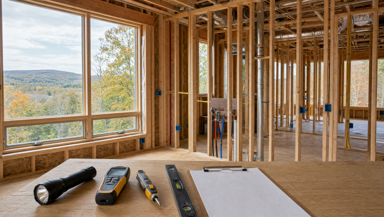 Inspection tools inside a New England home during the pre-drywall construction phase