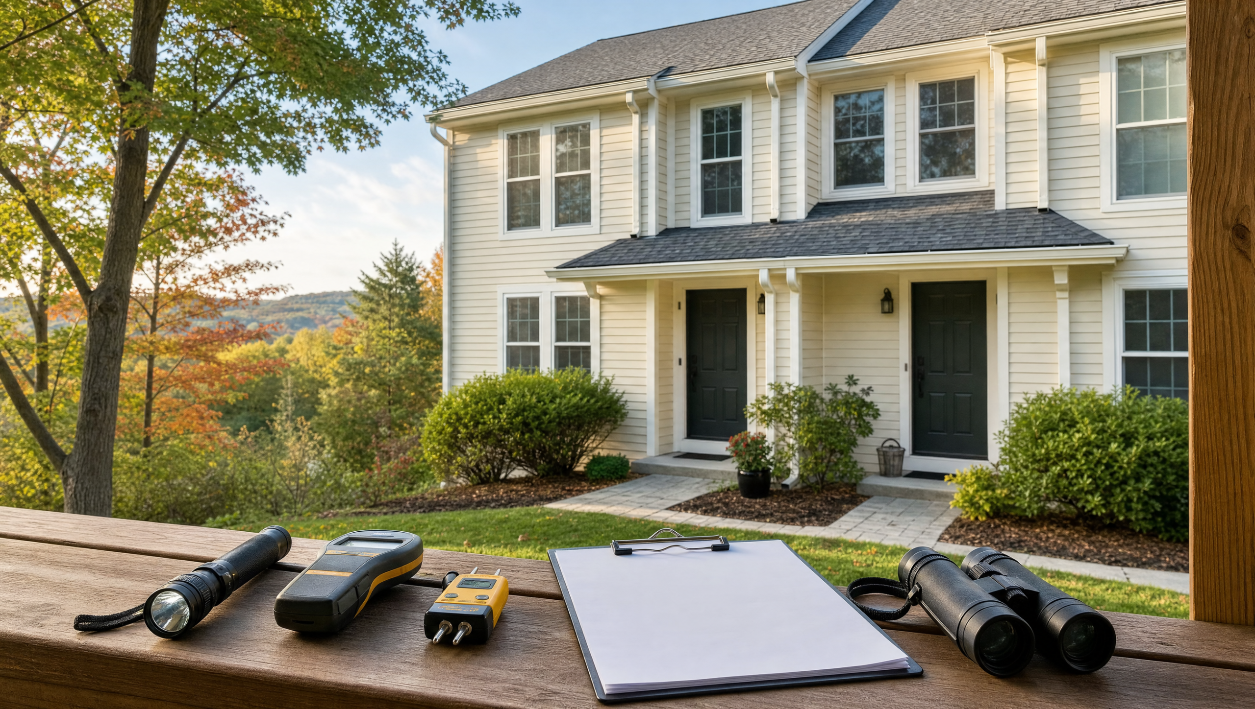 Inspection tools overlooking an attached New England townhouse in Western Massachusetts